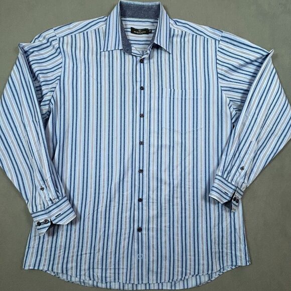 Bugatchi Shirt Mens 2XL Blue Striped Long Sleeve 100% Cotton Button Up‎ Shirt - Picture 1 of 11